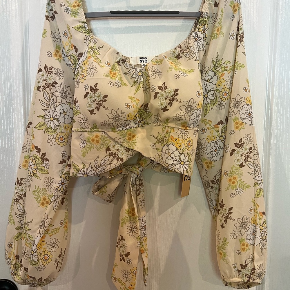 Floral Beige Blouse with Tie Front